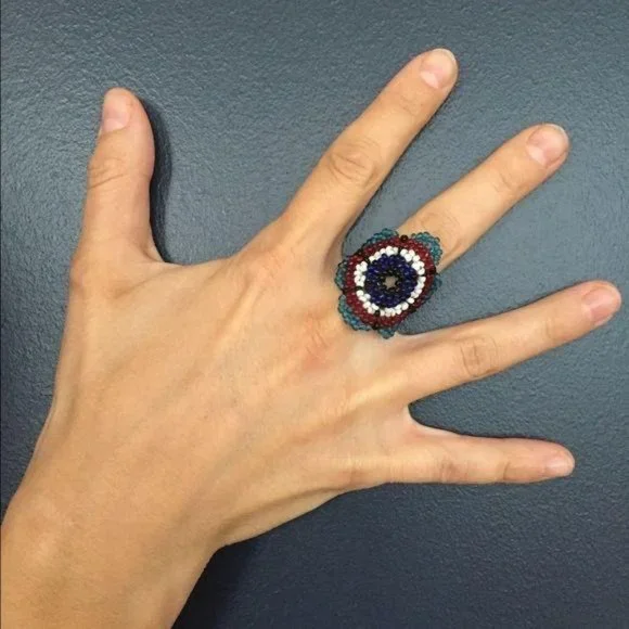 Hand Beaded Ring Floral Mexican Artisanal Color B - Picture 2 of 3